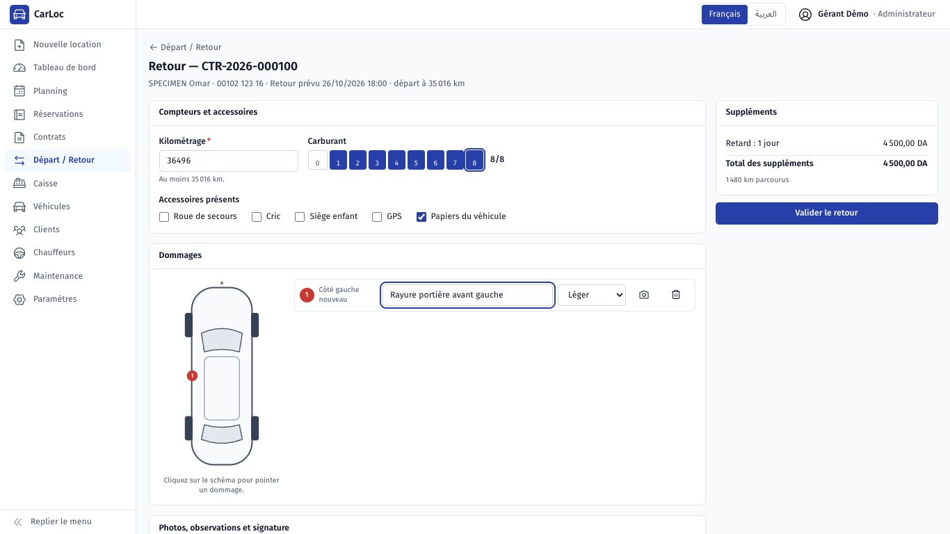Retour d'un véhicule et calcul des suppléments